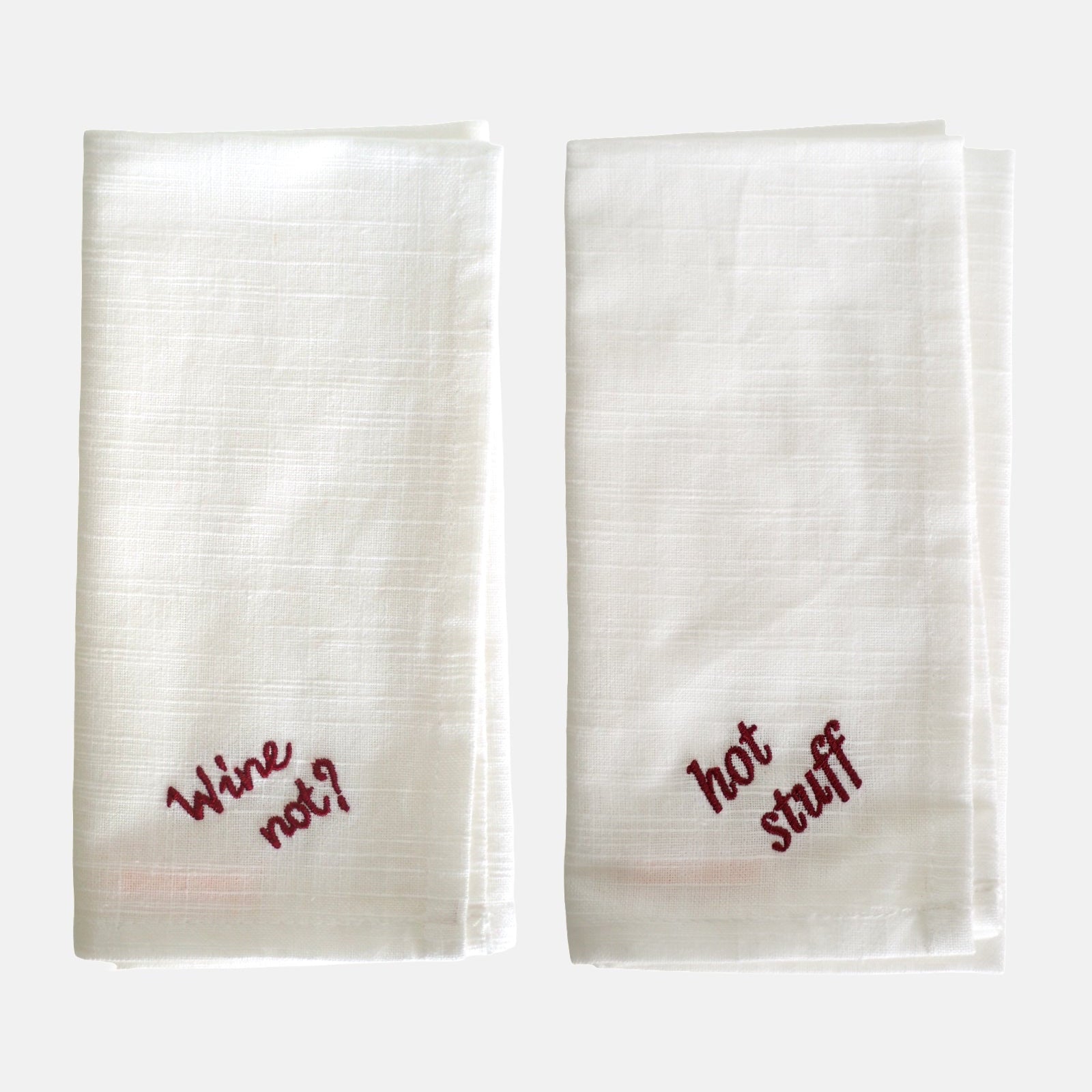 Set geborduurde servetten Hot stuff & Wine not?
